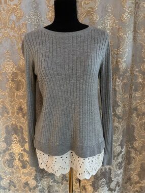 Ann Taylor Loft Two-fer Classic Ribbed Crewneck Sweater - Gray Small